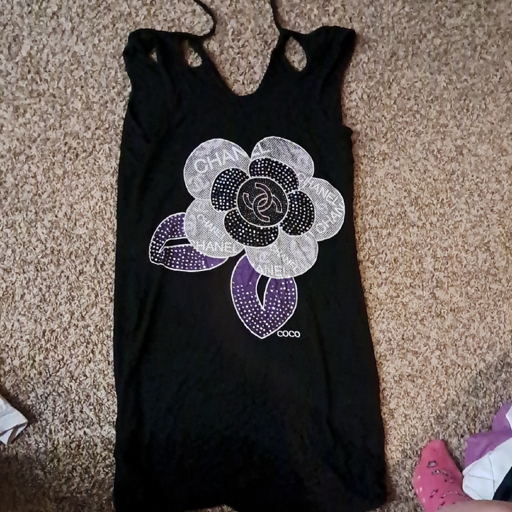 CHANEL Black Dress with Purple and White Floral Motif